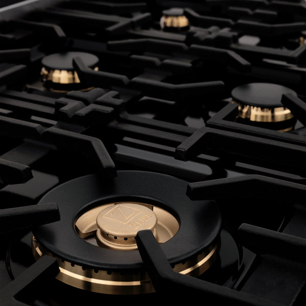 ZLINE Autograph Edition 48 in. 6.0 cu. ft. Legacy Dual Fuel Range with 7 Burner Gas Cooktop and 2 Electric Ovens in Black Stainless Steel and Champagne Bronze Accents, Open Box-Great Condition