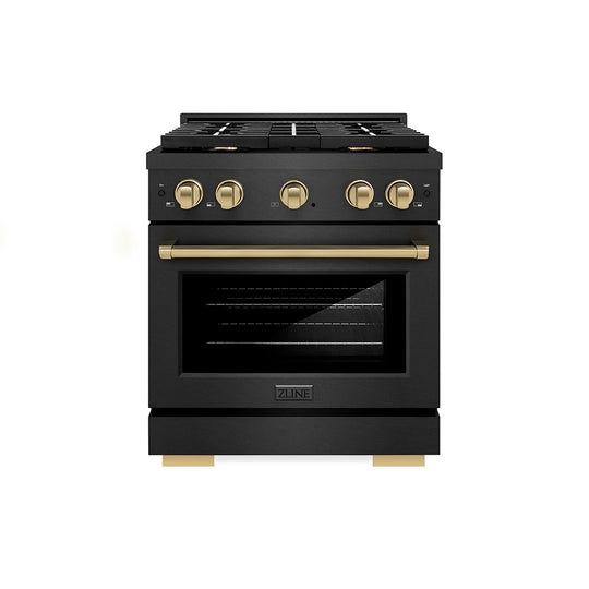 ZLINE Autograph Edition 30 in. 4.2 cu. ft. Paramount Dual Fuel Range with 4 Burner Gas Cooktop and Electric Convection Oven in Black Satin Stainless Steel with Champagne Bronze Accents, Open Box-Great Condition