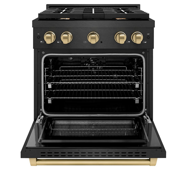 ZLINE Autograph Edition 30 in. 4.2 cu. ft. Paramount Dual Fuel Range with 4 Burner Gas Cooktop and Electric Convection Oven in Black Satin Stainless Steel with Champagne Bronze Accents, Open Box-Great Condition