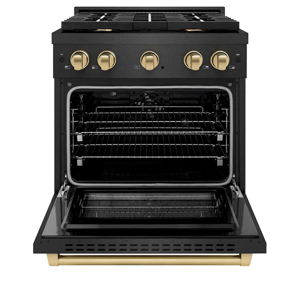 ZLINE Autograph Edition 30 in. 4.2 cu. ft. Paramount Dual Fuel Range with 4 Burner Gas Cooktop and Electric Convection Oven in Black Satin Stainless Steel with Champagne Bronze Accents, Open Box-Good Condition