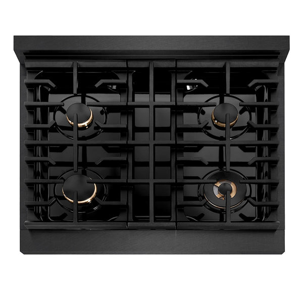 ZLINE Autograph Edition 30 in. 4.2 cu. ft. Paramount Dual Fuel Range with 4 Burner Gas Cooktop and Electric Convection Oven in Black Satin Stainless Steel with Champagne Bronze Accents, Open Box-Great Condition