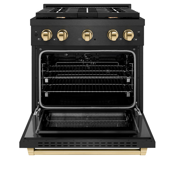 ZLINE Autograph Edition 30 in. 4.2 cu. ft. Paramount Dual Fuel Range with 4 Burner Gas Cooktop and Electric Convection Oven in Black Satin Stainless Steel with Polished Gold Accents, Open Box-Great Condition