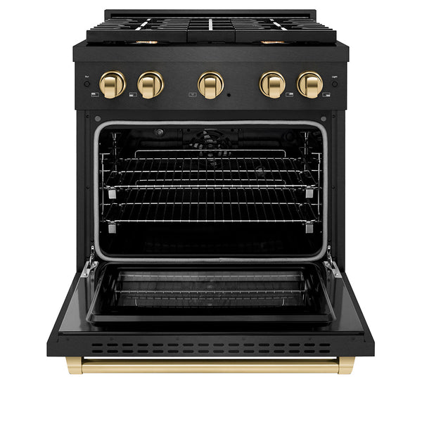 ZLINE Autograph Edition 30 in. 4.2 cu. ft. Paramount Dual Fuel Range with 4 Burner Gas Cooktop and Electric Convection Oven in Black Satin Stainless Steel with Polished Gold Accents, Open Box-Good Condition