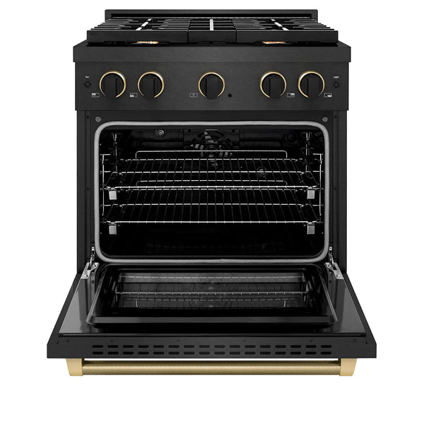 ZLINE Designer Collection 30 in. 4.2 cu. ft. Paramount Dual Fuel Range with 4 Burner Gas Cooktop and Electric Convection Oven in Black Satin Stainless Steel with Matte Black and Champagne Bronze Accents, Open Box-Good Condition