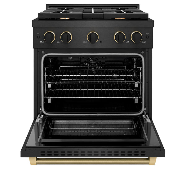ZLINE Designer Collection 30 in. 4.2 cu. ft. Paramount Dual Fuel Range with 4 Burner Gas Cooktop and Electric Convection Oven in Black Satin Stainless Steel with Matte Black and Champagne Bronze Accents, Open Box-Great Condition