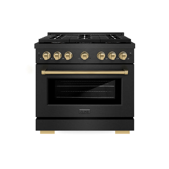 ZLINE Autograph Edition 36 in. 5.2 cu. ft. Paramount Dual Fuel Range with 6 Burner Gas Cooktop and Electric Convection Oven in Black Satin Stainless Steel with Champagne Bronze Accents, Open Box-Good Condition