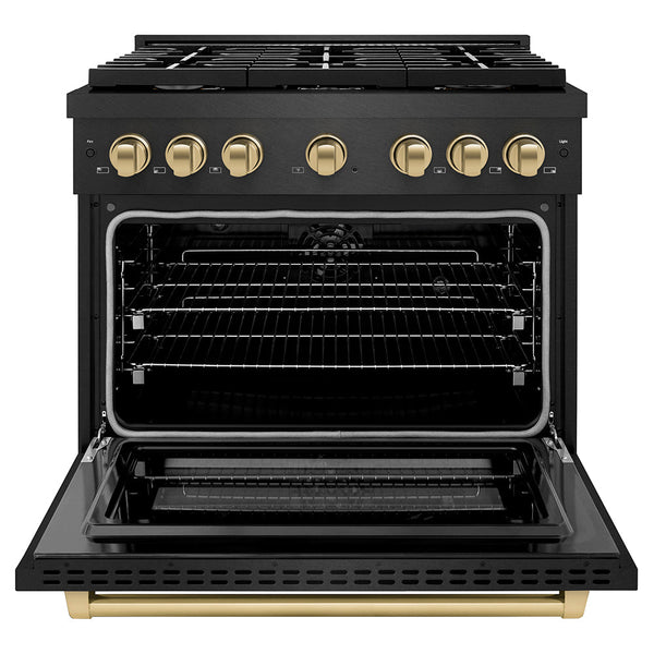 ZLINE Autograph Edition 36 in. 5.2 cu. ft. Paramount Dual Fuel Range with 6 Burner Gas Cooktop and Electric Convection Oven in Black Satin Stainless Steel with Champagne Bronze Accents, Open Box-Good Condition