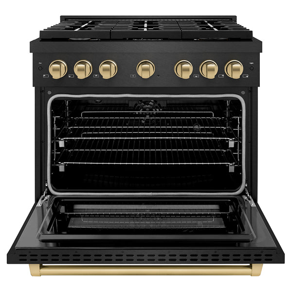 ZLINE Autograph Edition 36 in. 5.2 cu. ft. Paramount Dual Fuel Range with 6 Burner Gas Cooktop and Electric Convection Oven in Black Satin Stainless Steel with Champagne Bronze Accents, Open Box-Great Condition