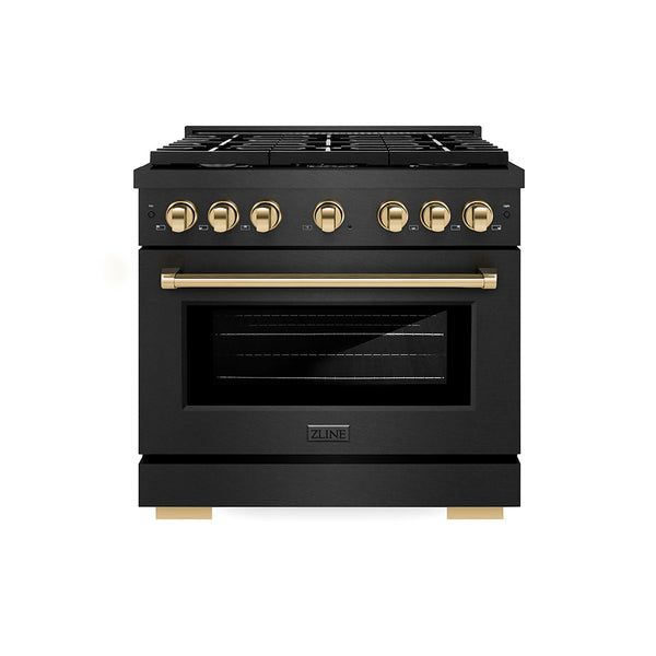 ZLINE Autograph Edition 36 in. 5.2 cu. ft. Paramount Dual Fuel Range with 6 Burner Gas Cooktop and Electric Convection Oven in Black Satin Stainless Steel with Polished Gold Accents (SDRBSZ-36-G)