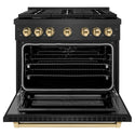 ZLINE Autograph Edition 36 in. 5.2 cu. ft. Paramount Dual Fuel Range with 6 Burner Gas Cooktop and Electric Convection Oven in Black Satin Stainless Steel with Polished Gold Accents (SDRBSZ-36-G)