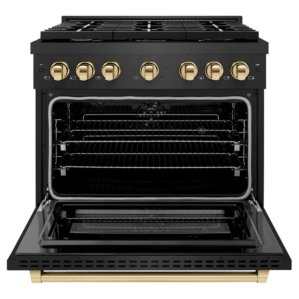 ZLINE Autograph Edition 36 in. 5.2 cu. ft. Paramount Dual Fuel Range with 6 Burner Gas Cooktop and Electric Convection Oven in Black Satin Stainless Steel with Polished Gold Accents, Open Box-Good Condition