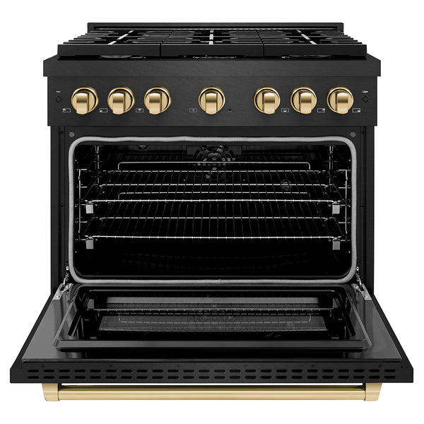 ZLINE Autograph Edition 36 in. 5.2 cu. ft. Paramount Dual Fuel Range with 6 Burner Gas Cooktop and Electric Convection Oven in Black Satin Stainless Steel with Polished Gold Accents (SDRBSZ-36-G)