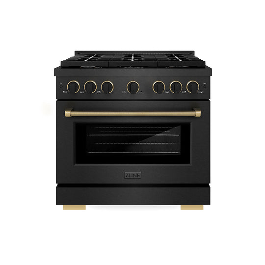 ZLINE Designer Collection 36 in. 5.2 cu. ft. Paramount Dual Fuel Range with 6 Burner Gas Cooktop and Electric Convection Oven in Black Satin Stainless Steel with Matte Black and Champagne Bronze Accents, Open Box-Good Condition