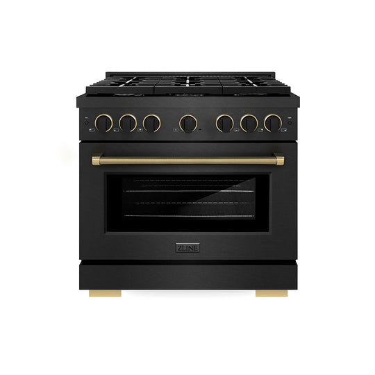 ZLINE Designer Collection 36 in. 5.2 cu. ft. Paramount Dual Fuel Range with 6 Burner Gas Cooktop and Electric Convection Oven in Black Satin Stainless Steel with Matte Black and Champagne Bronze Accents, Open Box-Great Condition