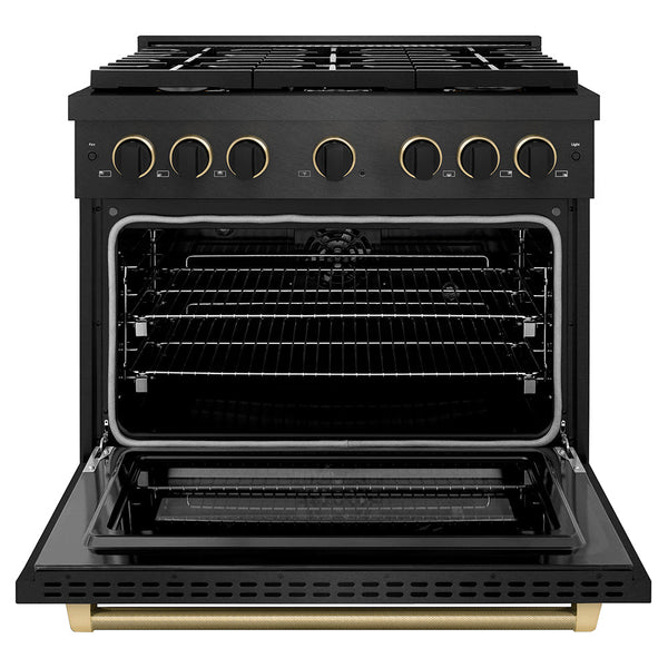 ZLINE Designer Collection 36 in. 5.2 cu. ft. Paramount Dual Fuel Range with 6 Burner Gas Cooktop and Electric Convection Oven in Black Satin Stainless Steel with Matte Black and Champagne Bronze Accents, Open Box-Good Condition