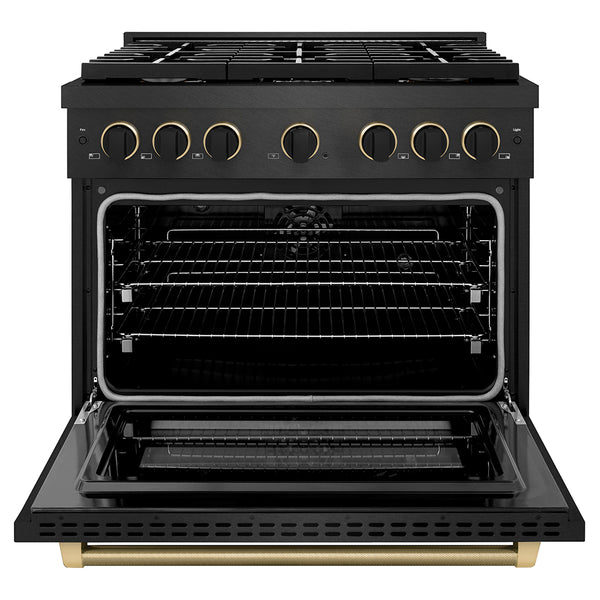 ZLINE Designer Collection 36 in. 5.2 cu. ft. Paramount Dual Fuel Range with 6 Burner Gas Cooktop and Electric Convection Oven in Black Satin Stainless Steel with Matte Black and Champagne Bronze Accents, Open Box-Great Condition