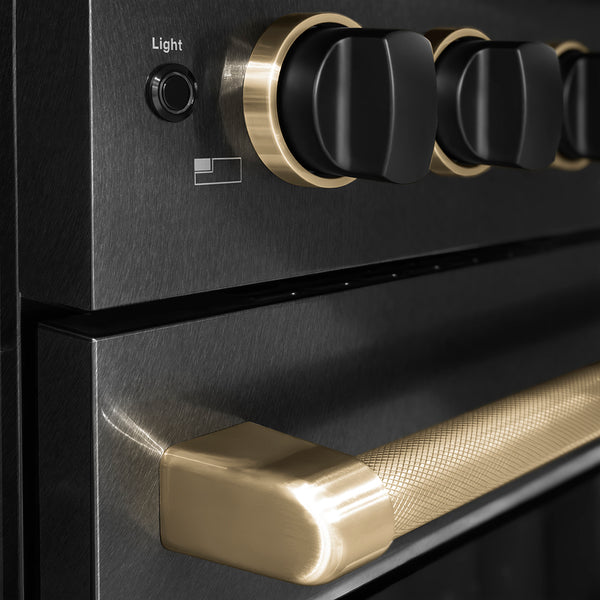 ZLINE Designer Collection 36 in. 5.2 cu. ft. Paramount Dual Fuel Range with 6 Burner Gas Cooktop and Electric Convection Oven in Black Satin Stainless Steel with Matte Black and Champagne Bronze Accents, Open Box-Great Condition