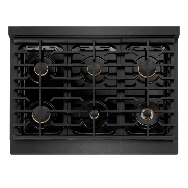 ZLINE Designer Collection 36 in. 5.2 cu. ft. Paramount Dual Fuel Range with 6 Burner Gas Cooktop and Electric Convection Oven in Black Satin Stainless Steel with Matte Black and Champagne Bronze Accents, Open Box-Great Condition