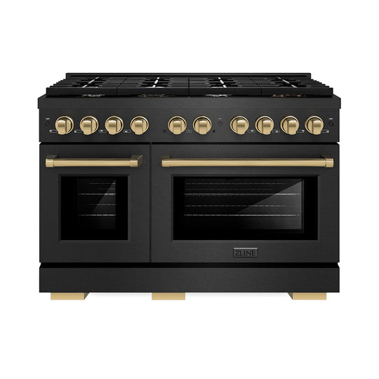 ZLINE Autograph Edition 48 in. 6.7 cu. ft. Paramount Double Oven Dual Fuel Range with 8 Burner Gas Cooktop in Black Satin Stainless Steel and Champagne Bronze Accents (SDRBSZ-48-CB)