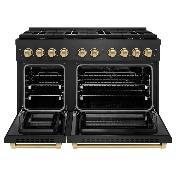 ZLINE Autograph Edition 48 in. 6.7 cu. ft. Paramount Double Oven Dual Fuel Range with 8 Burner Gas Cooktop in Black Satin Stainless Steel and Champagne Bronze Accents, Open Box-Great Condition