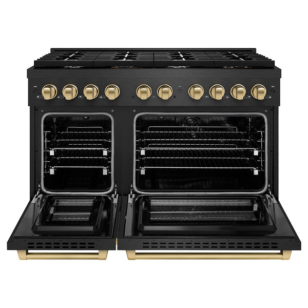 ZLINE Autograph Edition 48 in. 6.7 cu. ft. Paramount Double Oven Dual Fuel Range with 8 Burner Gas Cooktop in Black Satin Stainless Steel and Champagne Bronze Accents, Open Box-Good Condition