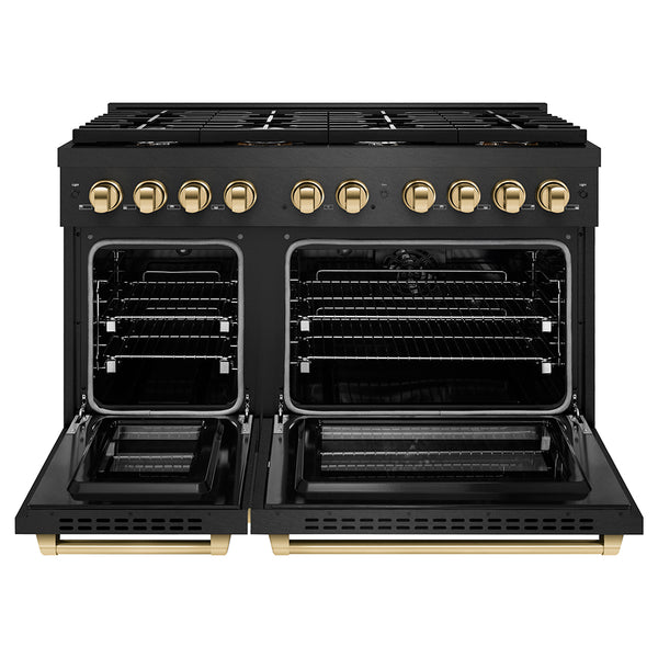 ZLINE Autograph Edition 48 in. 6.7 cu. ft. Paramount Double Oven Dual Fuel Range with 8 Burner Gas Cooktop in Black Satin Stainless Steel and Polished Gold Accents (SDRBSZ-48-G)