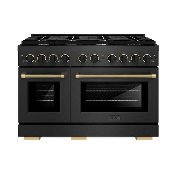 ZLINE Designer Collection 48 in. 6.7 cu. ft. Paramount Double Oven Dual Fuel Range with 8 Burner Gas Cooktop in Black Satin Stainless Steel with Matte Black and Champagne Bronze Accents (SDRBSZ-48-MBCB)