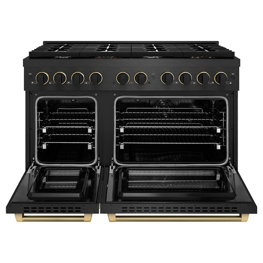ZLINE Designer Collection 48 in. 6.7 cu. ft. Paramount Double Oven Dual Fuel Range with 8 Burner Gas Cooktop in Black Satin Stainless Steel with Matte Black and Champagne Bronze Accents (SDRBSZ-48-MBCB)