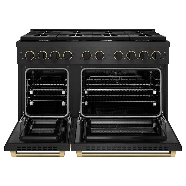 ZLINE Designer Collection 48 in. 6.7 cu. ft. Paramount Double Oven Dual Fuel Range with 8 Burner Gas Cooktop in Black Satin Stainless Steel with Matte Black and Champagne Bronze Accents, Open Box-Great Condition