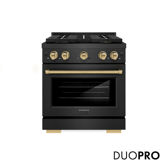 ZLINE Autograph Edition 30 in. 4.2 cu. ft. Paramount Dual Fuel Range with 4 Burner DuoPro™ Cooktop and Electric Convection Oven in Black Satin Stainless Steel and Champagne Bronze Accents (PSDRBSZ-30-CB)