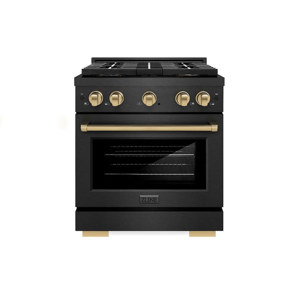 ZLINE Autograph Edition 30 in. 4.2 cu. ft. Paramount Dual Fuel Range with 4 Burner DuoPro™ Cooktop and Electric Convection Oven in Black Satin Stainless Steel and Champagne Bronze Accents, Open Box-Good Condition
