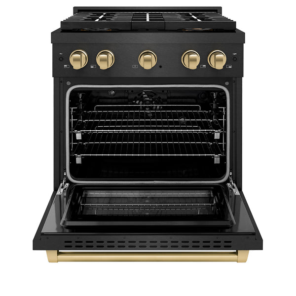 ZLINE Autograph Edition 30 in. 4.2 cu. ft. Paramount Dual Fuel Range with 4 Burner DuoPro™ Cooktop and Electric Convection Oven in Black Satin Stainless Steel and Champagne Bronze Accents, Open Box-Great Condition