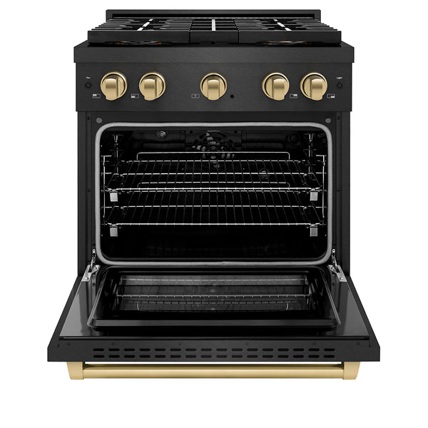 ZLINE Autograph Edition 30 in. 4.2 cu. ft. Paramount Dual Fuel Range with 4 Burner DuoPro™ Cooktop and Electric Convection Oven in Black Satin Stainless Steel and Champagne Bronze Accents (PSDRBSZ-30-CB)