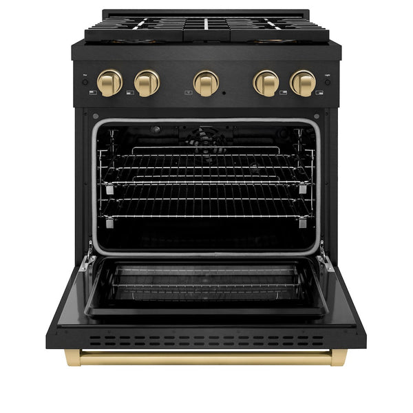 ZLINE Autograph Edition 30 in. 4.2 cu. ft. Paramount Dual Fuel Range with 4 Burner DuoPro™ Cooktop and Electric Convection Oven in Black Satin Stainless Steel and Champagne Bronze Accents, Open Box-Good Condition