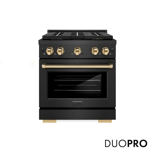ZLINE Autograph Edition 30 in. 4.2 cu. ft. Paramount Dual Fuel Range with 4 Burner DuoPro™ Cooktop and Electric Convection Oven in Black Satin Stainless Steel and Polished Gold Accents, Open Box-Good Condition