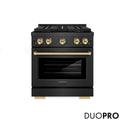 ZLINE Autograph Edition 30 in. 4.2 cu. ft. Paramount Dual Fuel Range with 4 Burner DuoPro™ Cooktop and Electric Convection Oven in Black Satin Stainless Steel and Polished Gold Accents, Open Box-Great Condition