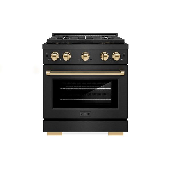 ZLINE Autograph Edition 30 in. 4.2 cu. ft. Paramount Dual Fuel Range with 4 Burner DuoPro™ Cooktop and Electric Convection Oven in Black Satin Stainless Steel and Polished Gold Accents, Open Box-Great Condition