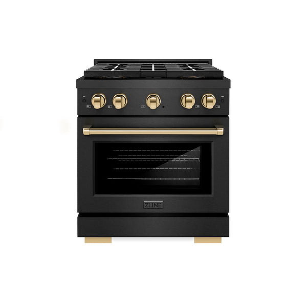 ZLINE Autograph Edition 30 in. 4.2 cu. ft. Paramount Dual Fuel Range with 4 Burner DuoPro™ Cooktop and Electric Convection Oven in Black Satin Stainless Steel and Polished Gold Accents, Open Box-Good Condition