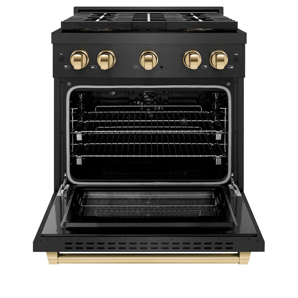 ZLINE Autograph Edition 30 in. 4.2 cu. ft. Paramount Dual Fuel Range with 4 Burner DuoPro™ Cooktop and Electric Convection Oven in Black Satin Stainless Steel and Polished Gold Accents, Open Box-Good Condition