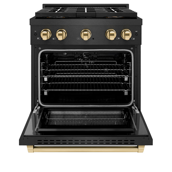 ZLINE Autograph Edition 30 in. 4.2 cu. ft. Paramount Dual Fuel Range with 4 Burner DuoPro™ Cooktop and Electric Convection Oven in Black Satin Stainless Steel and Polished Gold Accents, Open Box-Great Condition