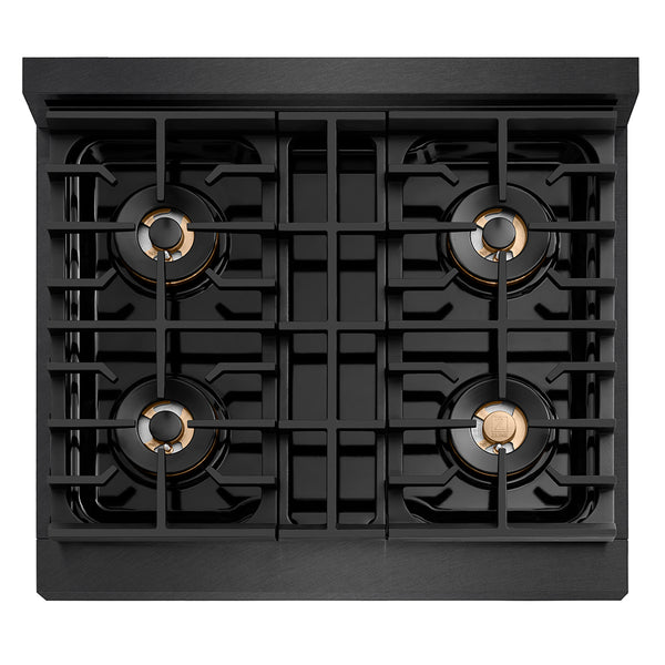 ZLINE Autograph Edition 30 in. 4.2 cu. ft. Paramount Dual Fuel Range with 4 Burner DuoPro™ Cooktop and Electric Convection Oven in Black Satin Stainless Steel and Polished Gold Accents (PSDRBSZ-30-G)
