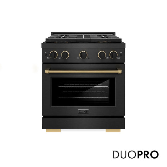 ZLINE Designer Collection 30 in. 4.2 cu. ft. Paramount Dual Fuel Range with 4 Burner DuoPro™ Cooktop and Electric Convection Oven in Black Satin Stainless Steel with Matte Black and Champagne Bronze Accents, Open Box-Good Condition