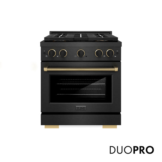 ZLINE Designer Collection 30 in. 4.2 cu. ft. Paramount Dual Fuel Range with 4 Burner DuoPro™ Cooktop and Electric Convection Oven in Black Satin Stainless Steel with Matte Black and Champagne Bronze Accents (PSDRBSZ-30-MBCB)