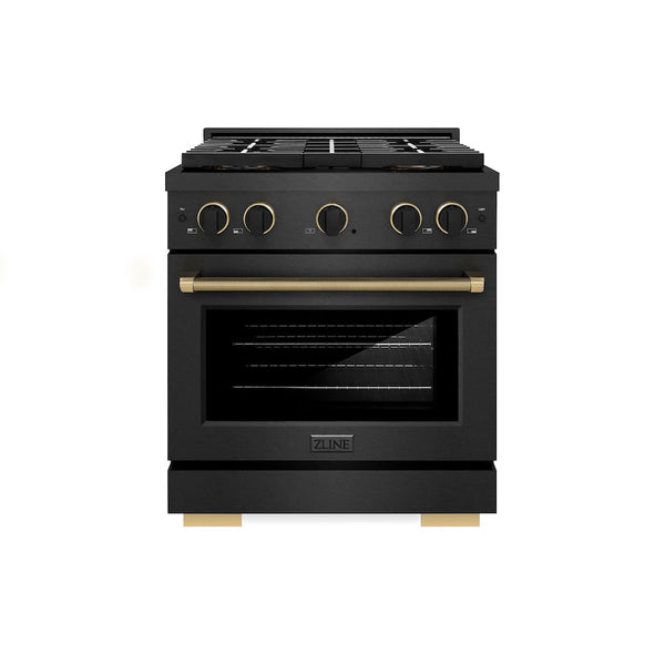 ZLINE Designer Collection 30 in. 4.2 cu. ft. Paramount Dual Fuel Range with 4 Burner DuoPro™ Cooktop and Electric Convection Oven in Black Satin Stainless Steel with Matte Black and Champagne Bronze Accents, Open Box-Good Condition