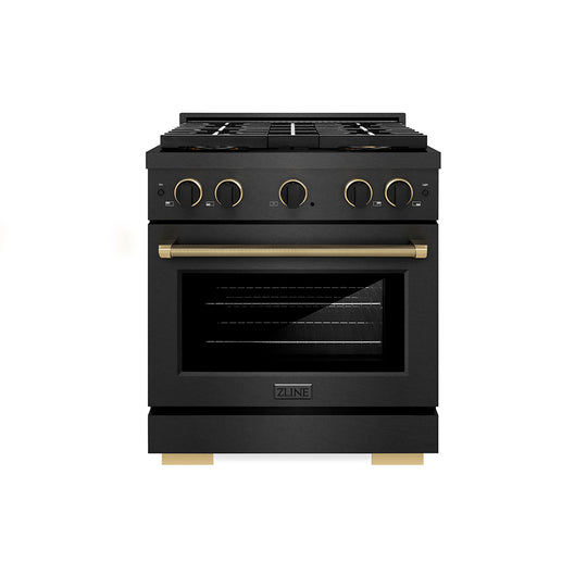 ZLINE Designer Collection 30 in. 4.2 cu. ft. Paramount Dual Fuel Range with 4 Burner DuoPro™ Cooktop and Electric Convection Oven in Black Satin Stainless Steel with Matte Black and Champagne Bronze Accents (PSDRBSZ-30-MBCB)