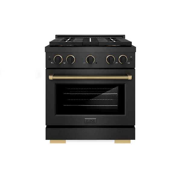 ZLINE Designer Collection 30 in. 4.2 cu. ft. Paramount Dual Fuel Range with 4 Burner DuoPro™ Cooktop and Electric Convection Oven in Black Satin Stainless Steel with Matte Black and Champagne Bronze Accents, Open Box-Great Condition