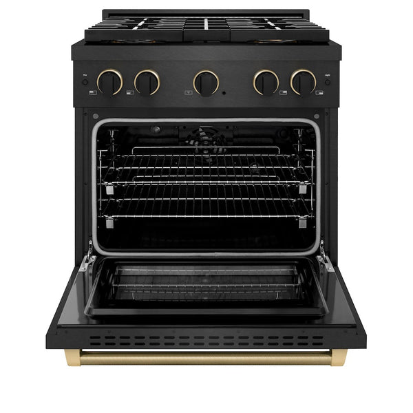 ZLINE Designer Collection 30 in. 4.2 cu. ft. Paramount Dual Fuel Range with 4 Burner DuoPro™ Cooktop and Electric Convection Oven in Black Satin Stainless Steel with Matte Black and Champagne Bronze Accents, Open Box-Good Condition