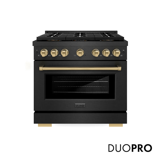 ZLINE Autograph Edition 36 in. 5.2 cu. ft. Paramount Dual Fuel Range with 6 Burner DuoPro™ Cooktop and Electric Convection Oven in Black Satin Stainless Steel and Champagne Bronze Accents, Open Box-Great Condition