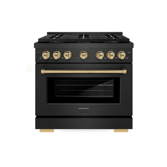 ZLINE Autograph Edition 36 in. 5.2 cu. ft. Paramount Dual Fuel Range with 6 Burner DuoPro™ Cooktop and Electric Convection Oven in Black Satin Stainless Steel and Champagne Bronze Accents (PSDRBSZ-36-CB)