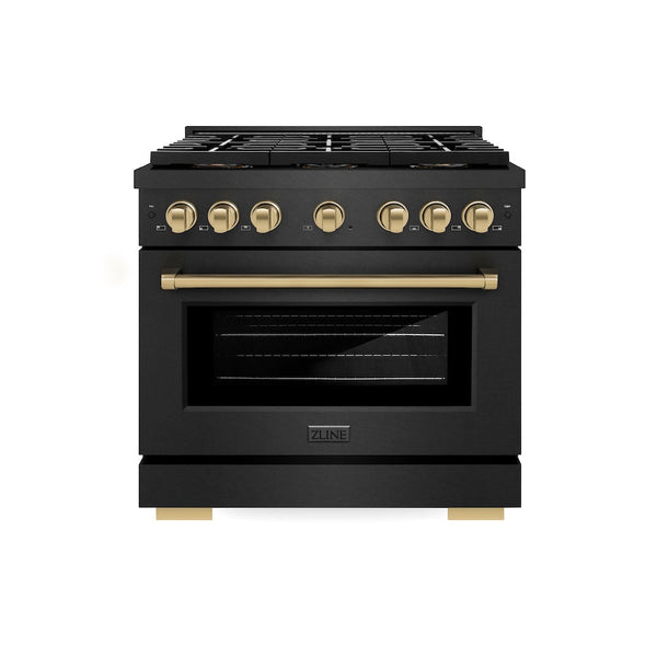 ZLINE Autograph Edition 36 in. 5.2 cu. ft. Paramount Dual Fuel Range with 6 Burner DuoPro™ Cooktop and Electric Convection Oven in Black Satin Stainless Steel and Champagne Bronze Accents, Open Box-Good Condition